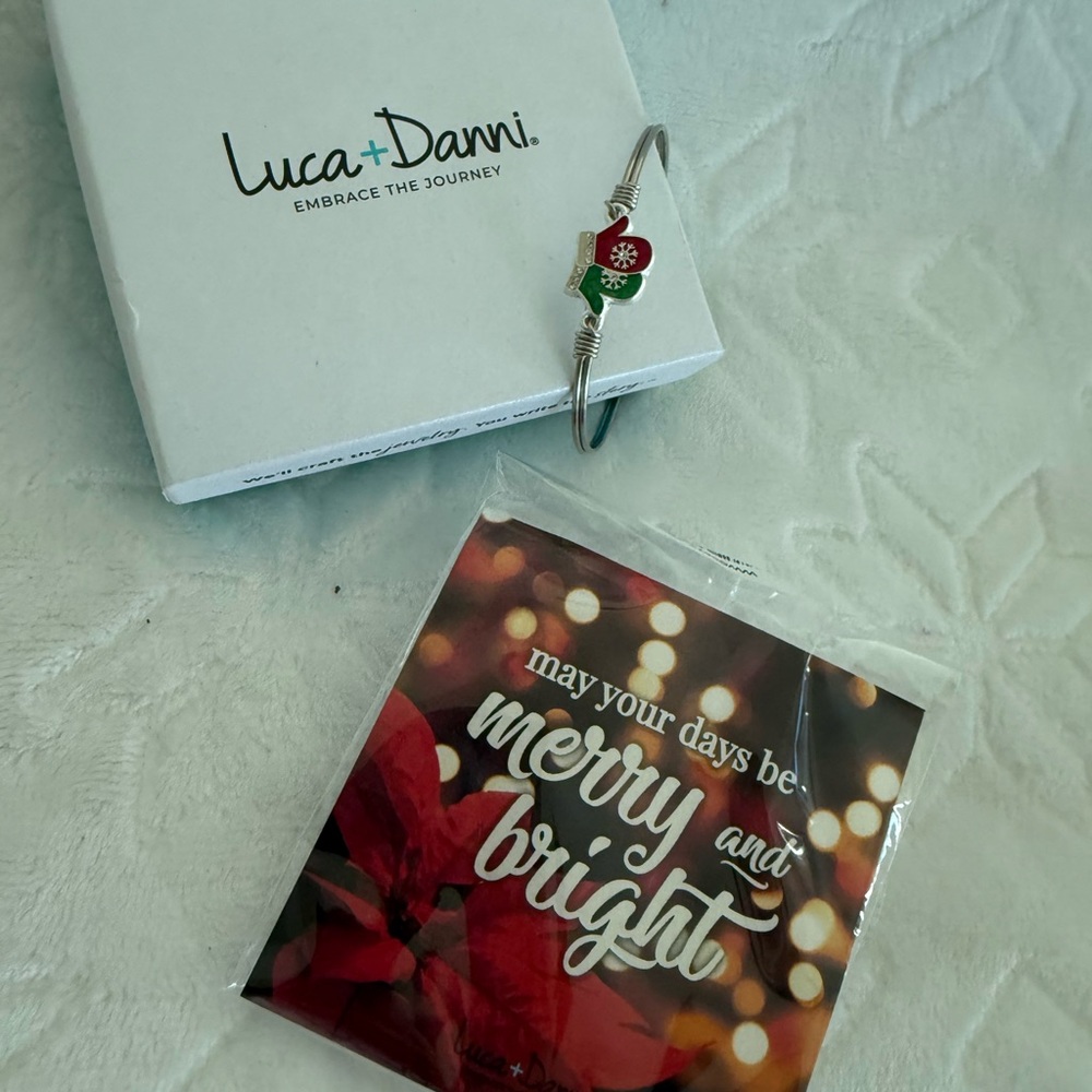 Luca + Danni Silver Bangle with Red and Green Mitten Charm